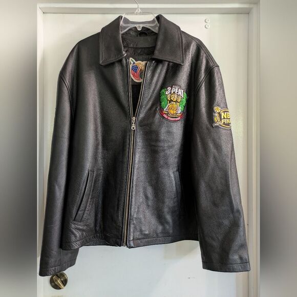 Vintage 2002 Los Angeles Lakers 3Peat Leather Jacket Jeff Hamilton Embroidered L - Picture 1 of 10